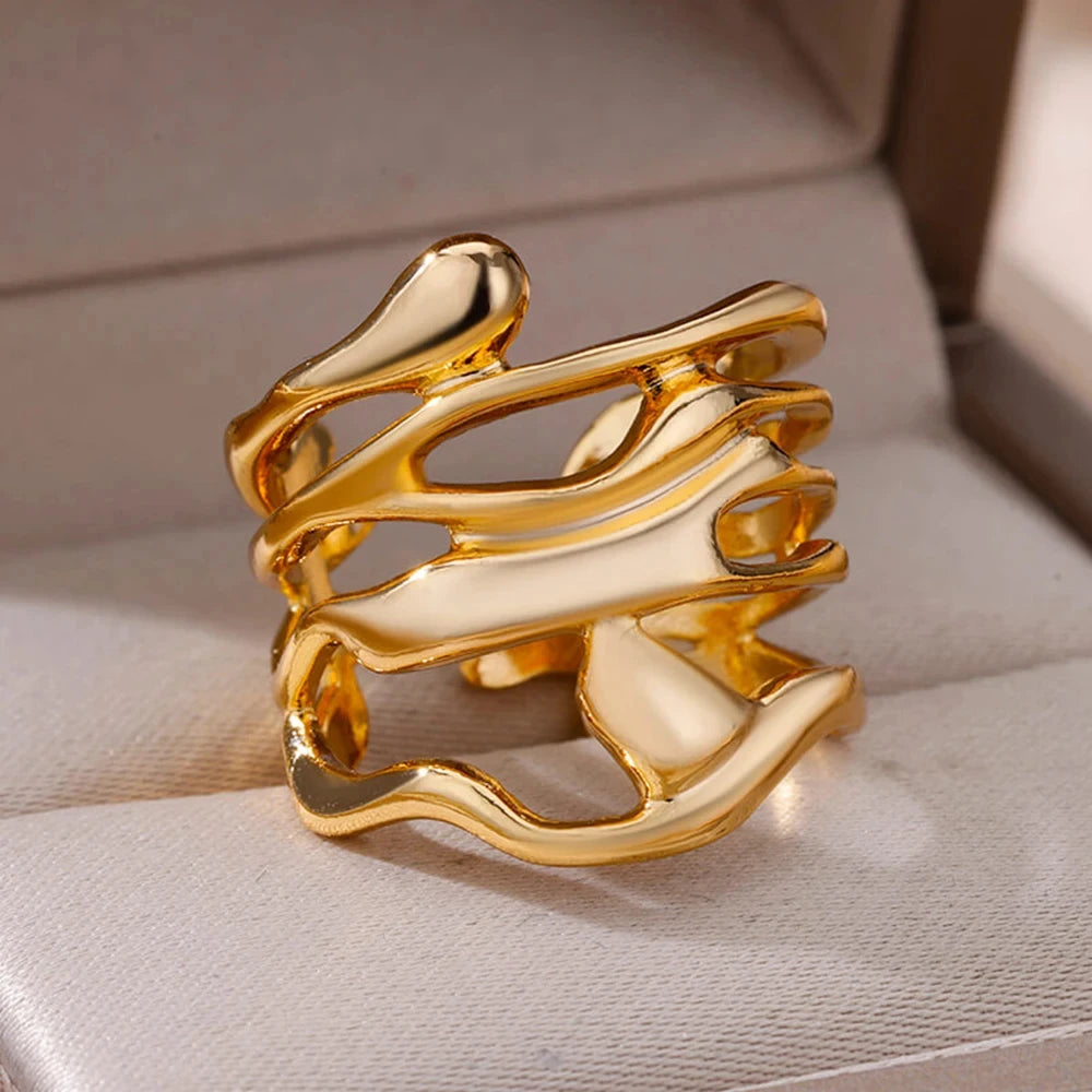 Vintage Gold Chunky Open Ring for Women – Stainless Steel Geometric Band
